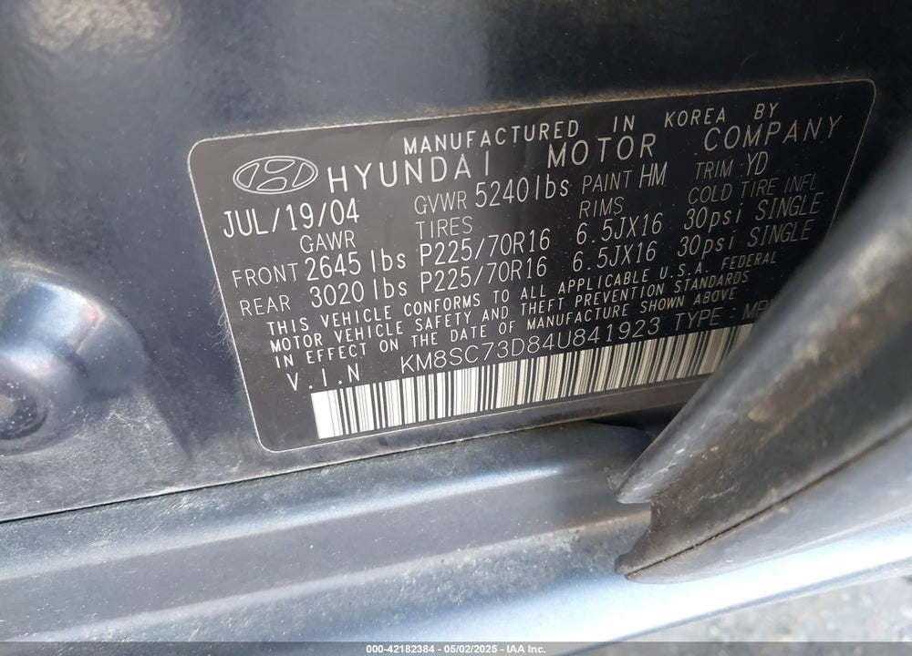 2004 HYUNDAI SANTA FE GLS VIN: KM8SC73D84U841923