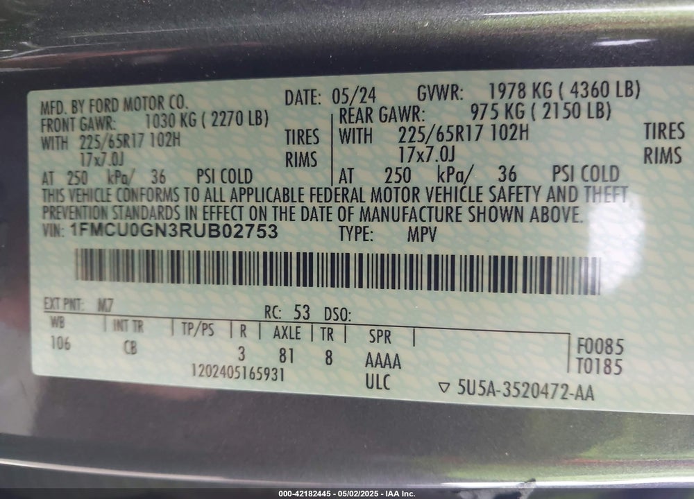 2024 FORD ESCAPE VIN: 1FMCU0GN3RUB02753