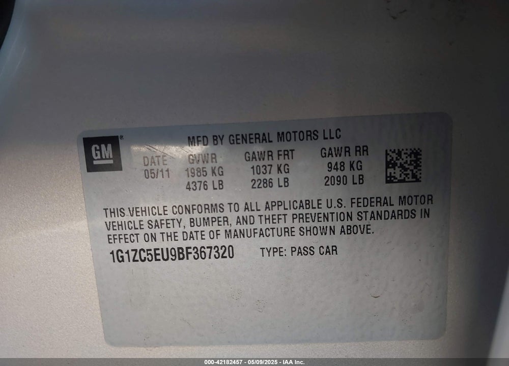 2011 CHEVROLET MALIBU 1LT VIN: 1G1ZC5EU9BF367320
