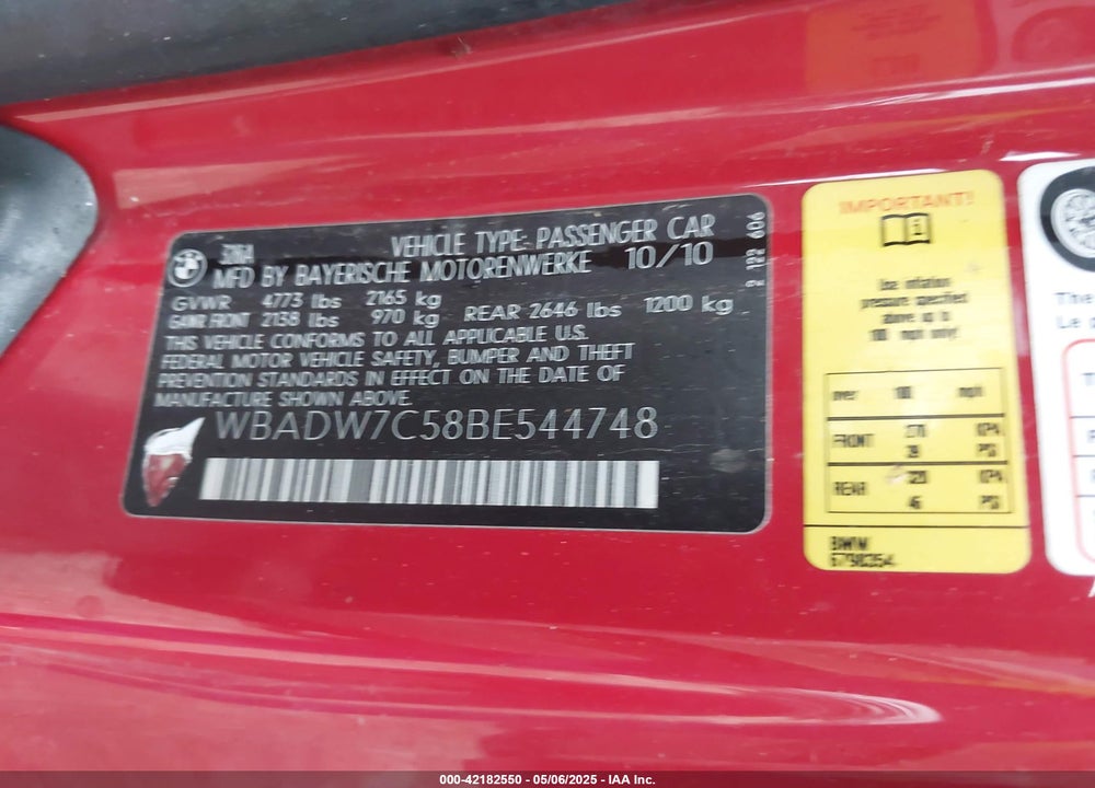 2011 BMW 328I VIN: WBADW7C58BE544748