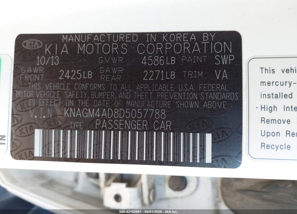 2013 KIA OPTIMA HYBRID VIN: KNAGM4AD8D5057788