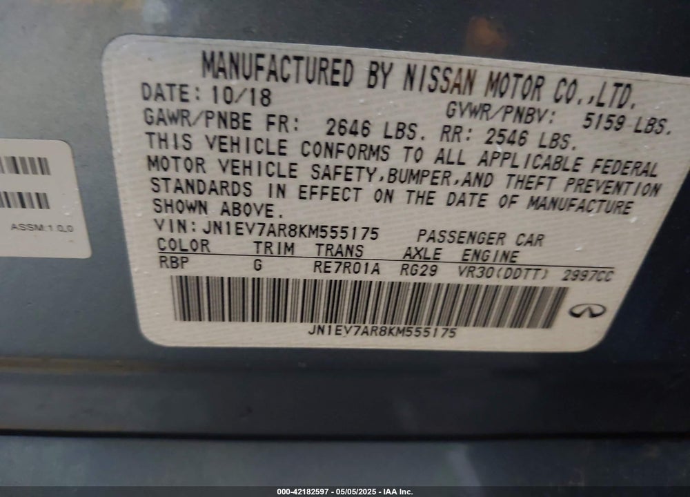 2019 INFINITI Q50 VIN: JN1EV7AR8KM555175