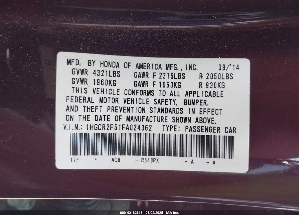 2015 HONDA ACCORD VIN: 1HGCR2F51FA024362
