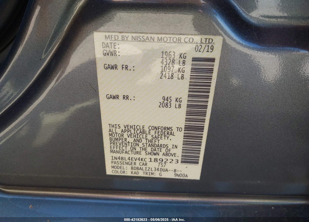 2019 NISSAN ALTIMA VIN: 1N4BL4EV4KC189223
