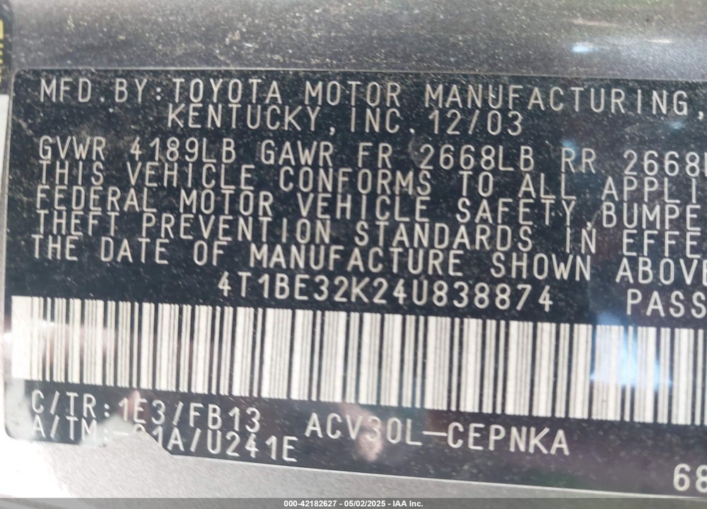 2004 TOYOTA CAMRY LE VIN: 4T1BE32K24U838874