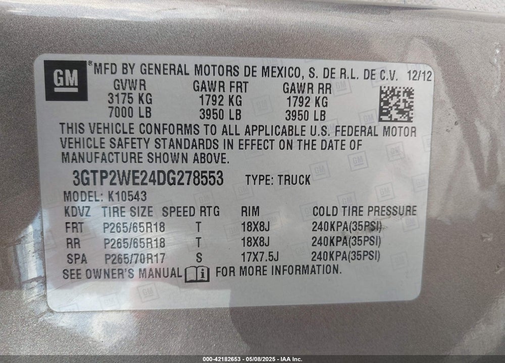 2013 GMC SIERRA 1500 VIN: 3GTP2WE24DG278553