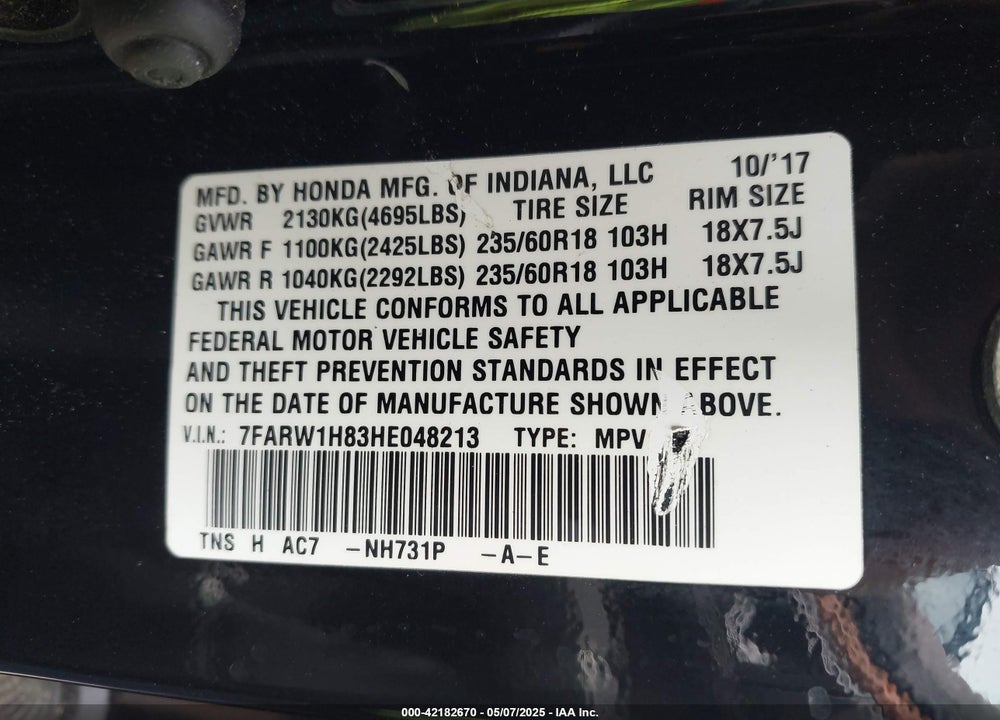 2017 HONDA CR-V EX-L/EX-L NAVI VIN: 7FARW1H83HE048213