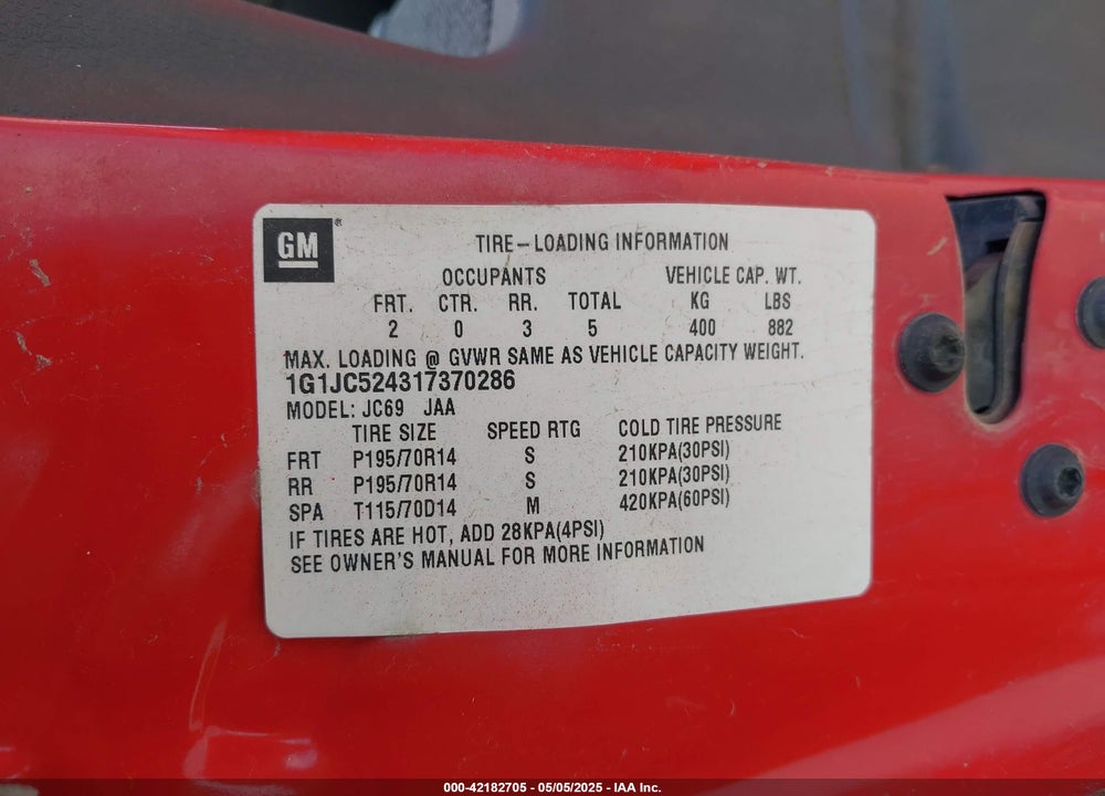 2001 CHEVROLET CAVALIER VIN: 1G1JC524317370286