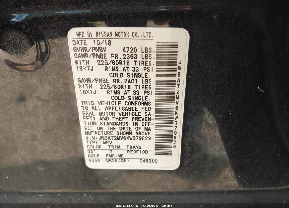 2019 NISSAN ROGUE SV VIN: JN8AT2MV6KW379829