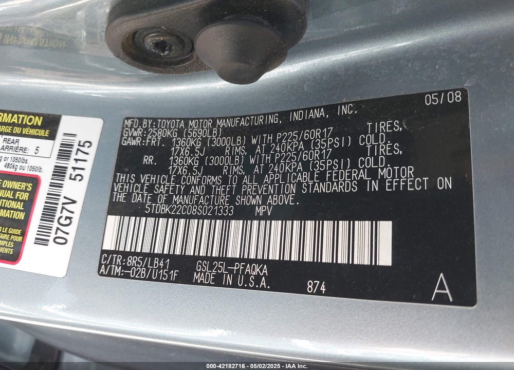 2008 TOYOTA SIENNA LIMITED VIN: 5TDBK22C08S021333