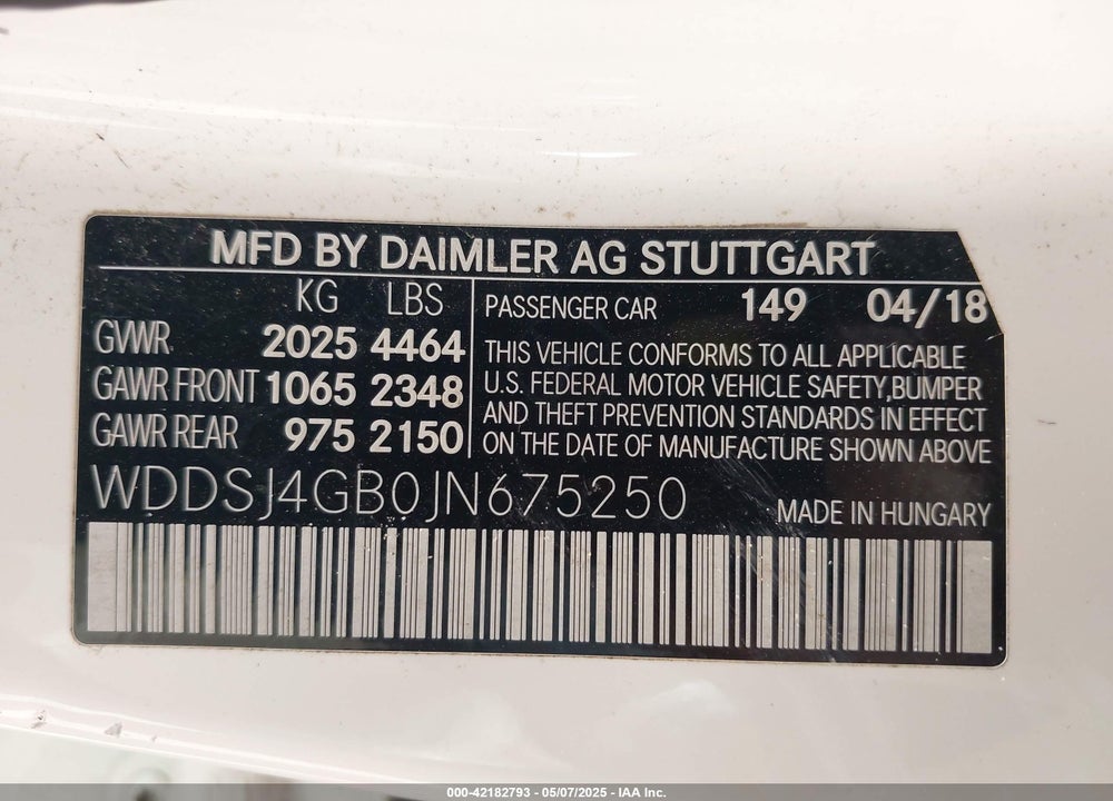 2018 MERCEDES-BENZ CLA-CLASS VIN: WDDSJ4GB0JN675250