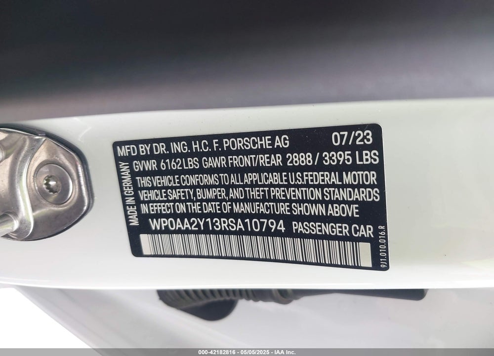 2024 PORSCHE TAYCAN VIN: WP0AA2Y13RSA10794