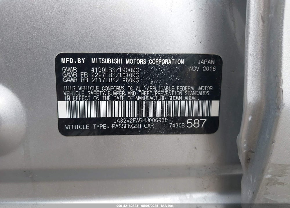 2017 MITSUBISHI LANCER VIN: JA32V2FW6HU006938