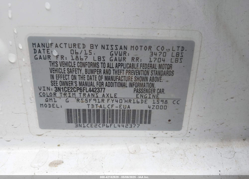 2015 NISSAN VERSA NOTE S (SR) VIN: 3N1CE2CP6FL442377