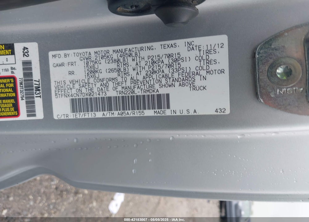 2013 TOYOTA TACOMA VIN: 5TFNX4CN7DX021473