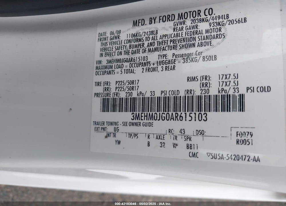 2010 MERCURY MILAN VIN: 3MEHM0JG0AR615103