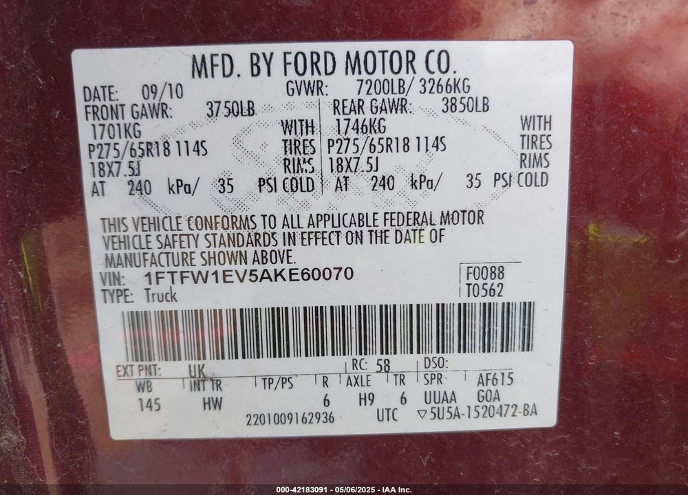 2010 HARLEY-DAVIDSON FORD F-150 FX4//KING RANCH/LARIAT/PLATINUM/XL/XLT VIN: 1FTFW1EV5AKE60070