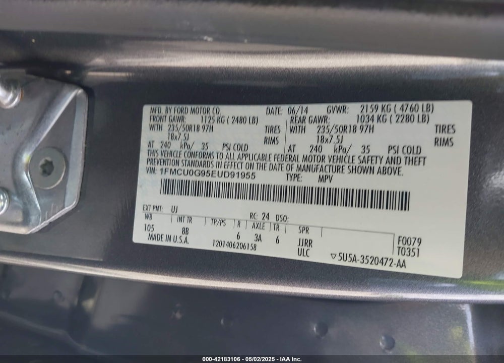 2014 FORD ESCAPE SE VIN: 1FMCU0G95EUD91955