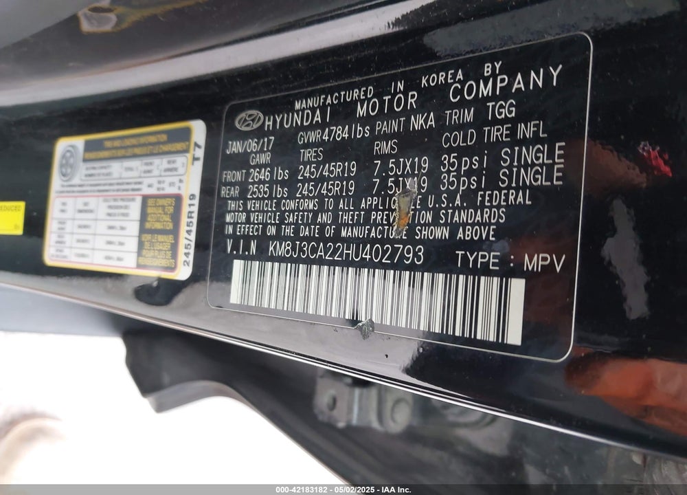 2017 HYUNDAI TUCSON VIN: KM8J3CA22HU402793