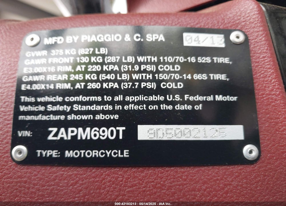 2013 PIAGGIO BV 350 VIN: ZAPM690T9D5002125