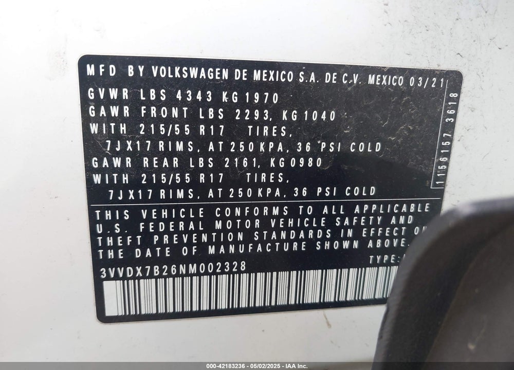 2022 VOLKSWAGEN TAOS VIN: 3VVDX7B26NM002328