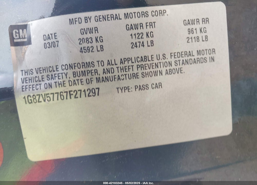 2007 SATURN AURA VIN: 1G8ZV57767F271297