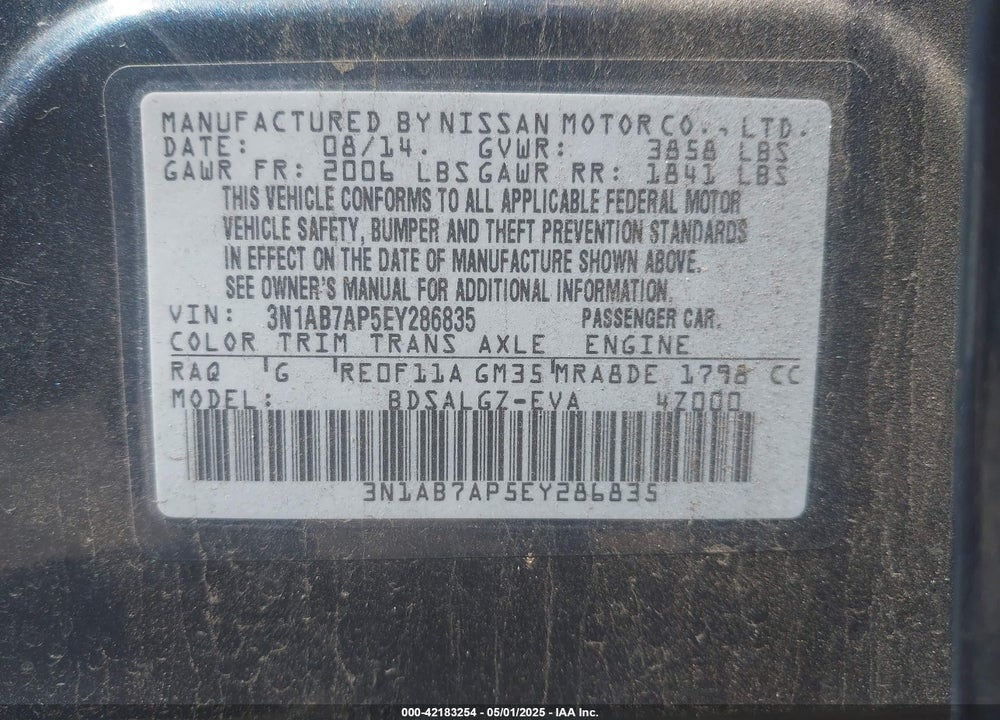 2014 NISSAN SENTRA VIN: 3N1AB7AP5EY286835