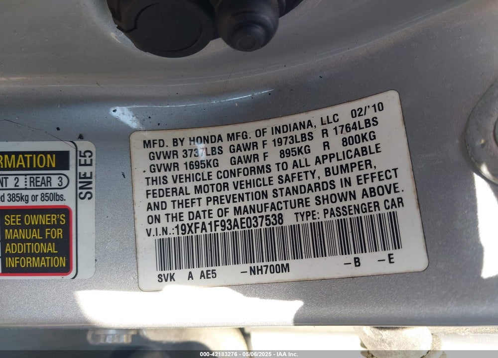 2010 HONDA CIVIC EX-L VIN: 19XFA1F93AE037538