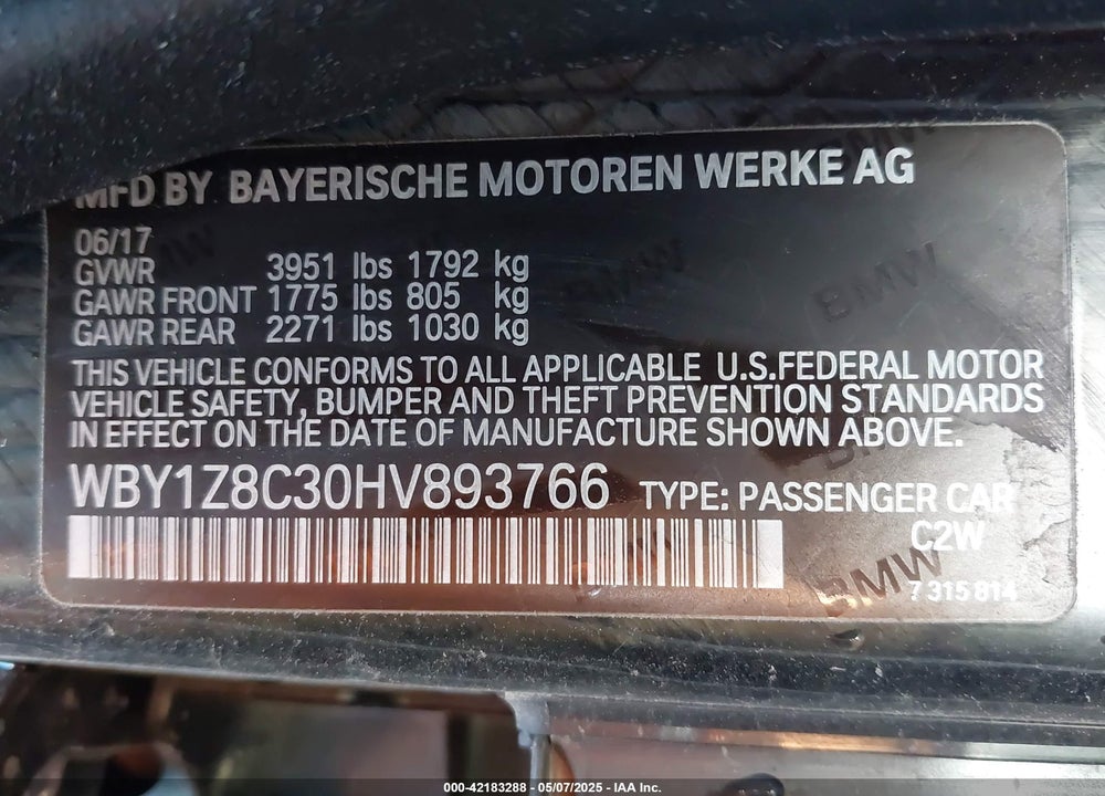 2017 BMW I3 94 AH W/RANGE EXTENDER VIN: WBY1Z8C30HV893766