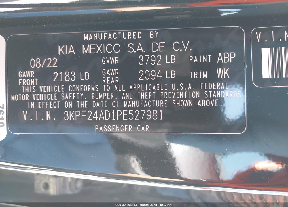 2023 KIA FORTE LXS VIN: 3KPF24AD1PE527981
