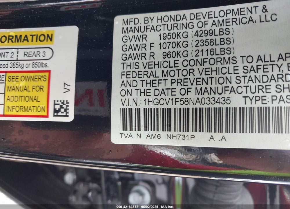 2022 HONDA ACCORD VIN: 1HGCV1F58NA033435
