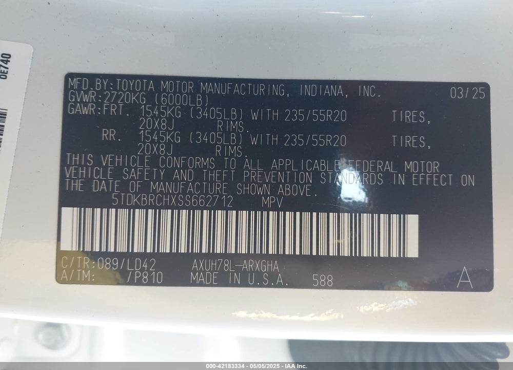 2025 TOYOTA HIGHLANDER HYBRID VIN: 5TDKBRCHXSS662712