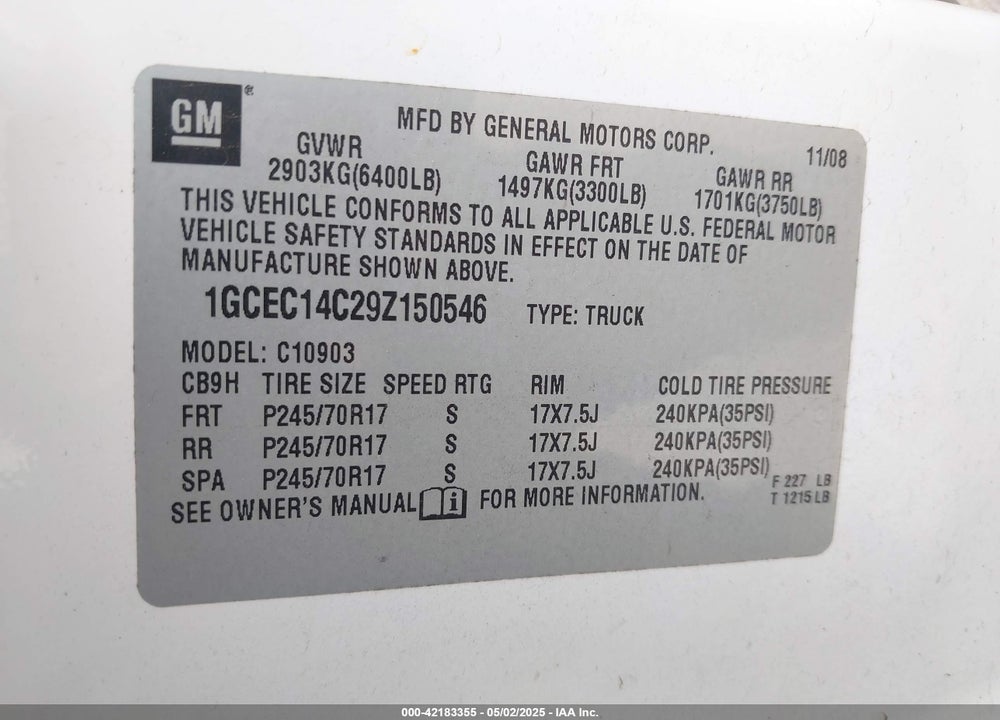 2009 CHEVROLET SILVERADO 1500 WORK TRUCK VIN: 1GCEC14C29Z150546
