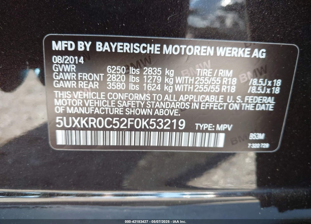 2015 BMW X5 VIN: 5UXKR0C52F0K53219