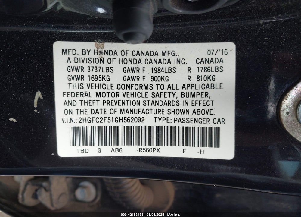 2016 HONDA CIVIC VIN: 2HGFC2F51GH562092