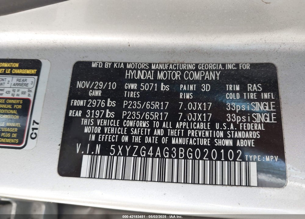 2011 HYUNDAI SANTA FE VIN: 5XYZG4AG3BG020102