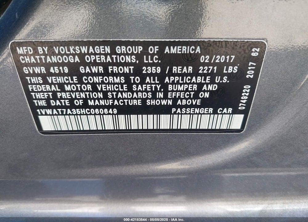 2017 VOLKSWAGEN PASSAT 1.8T S VIN: 1VWAT7A35HC060649