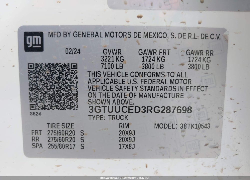 2024 GMC SIERRA 1500 VIN: 3GTUUCED3RG287698
