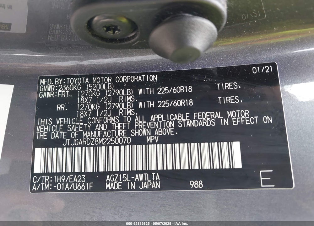 2021 LEXUS NX300 VIN: JTJGARDZ8M2250070