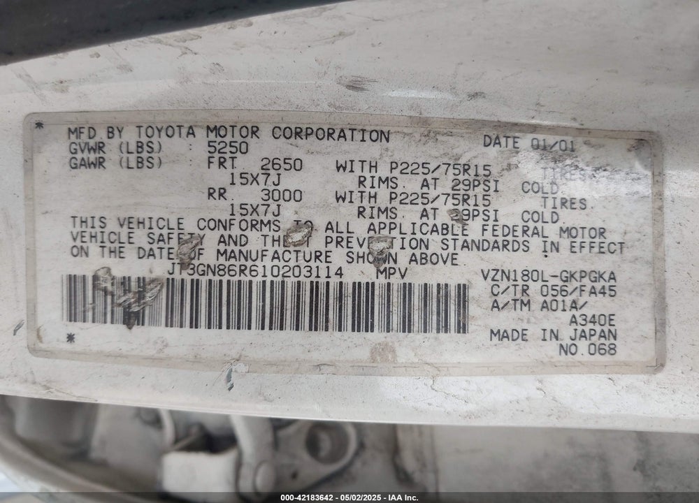 2001 TOYOTA 4RUNNER SR5 V6 VIN: JT3GN86R610203114