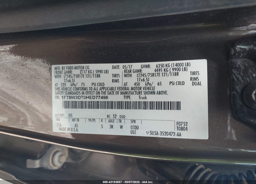 2017 FORD F-350 XL VIN: 1FT8W3DT0HED77496