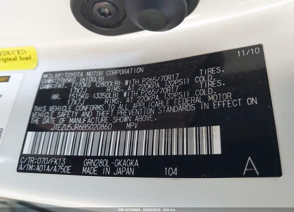 2011 TOYOTA 4RUNNER SR5 V6 VIN: JTEZU5JR6B5020860