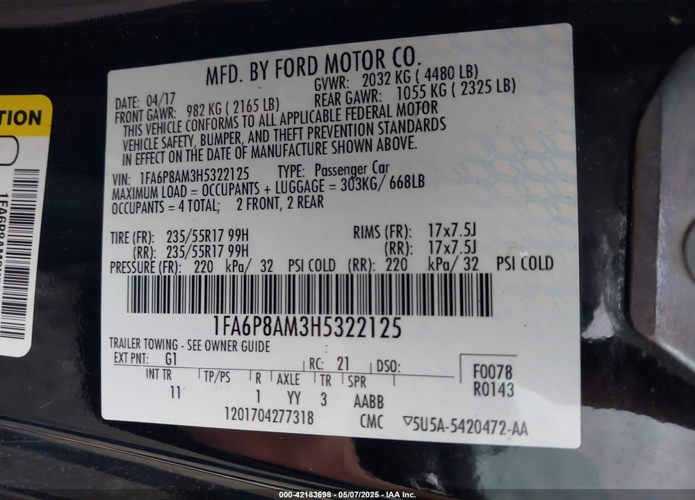 2017 FORD MUSTANG VIN: 1FA6P8AM3H5322125