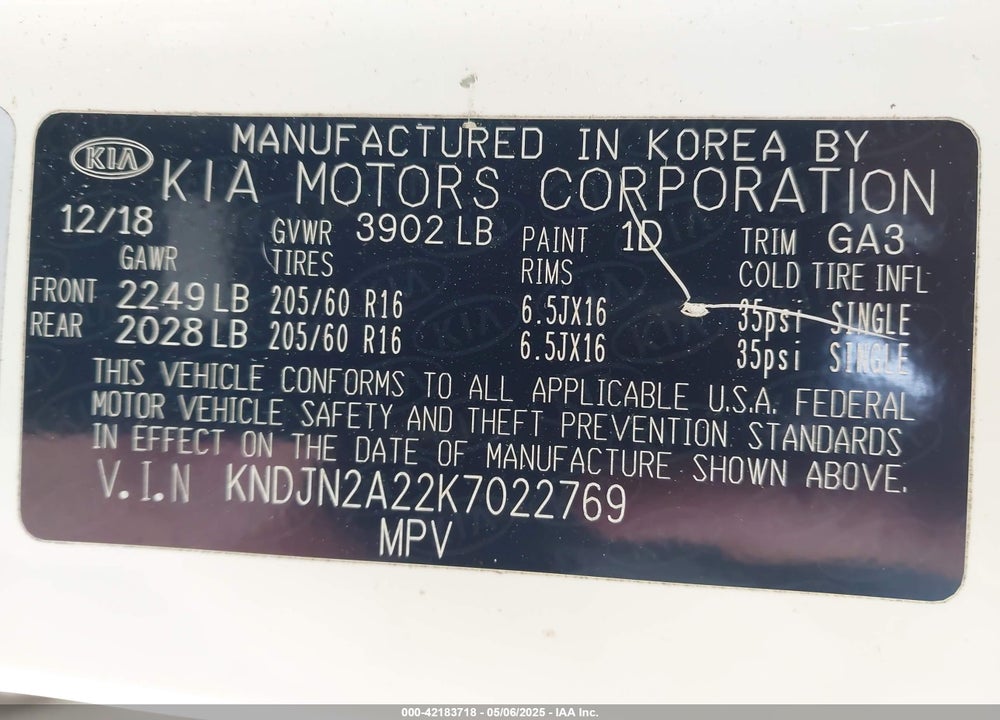2019 KIA SOUL VIN: KNDJN2A22K7022769