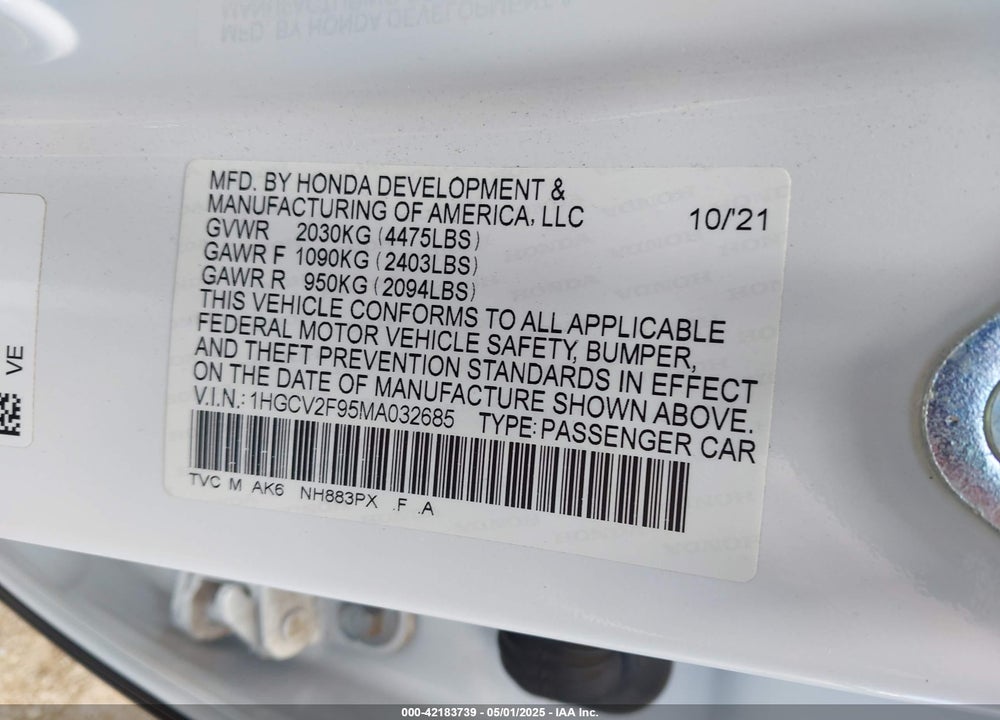 2021 HONDA ACCORD VIN: 1HGCV2F95MA032685