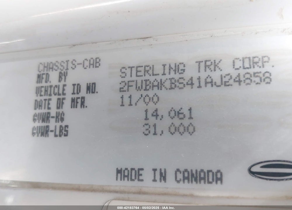2001 STERLING TRUCK M 7500 VIN: 2FWBAKBS41AJ24858