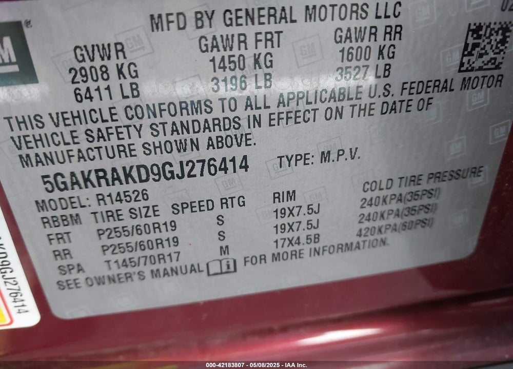 2016 BUICK ENCLAVE VIN: 5GAKRAKD9GJ276414