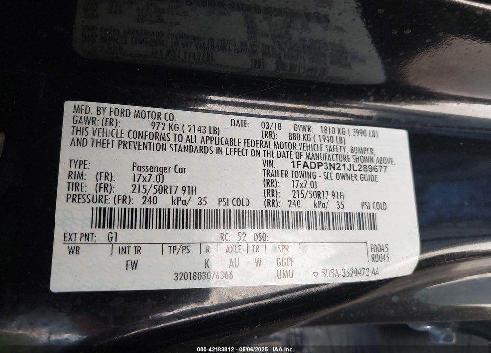 2018 FORD FOCUS VIN: 1FADP3N21JL289677