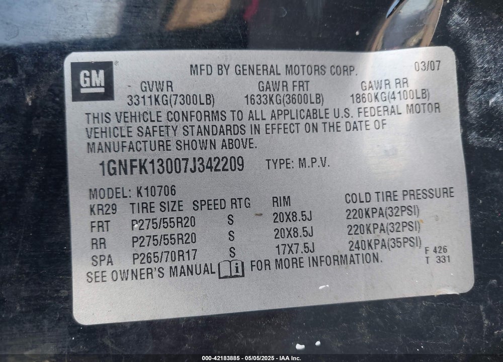 2007 CHEVROLET TAHOE LT VIN: 1GNFK13007J342209