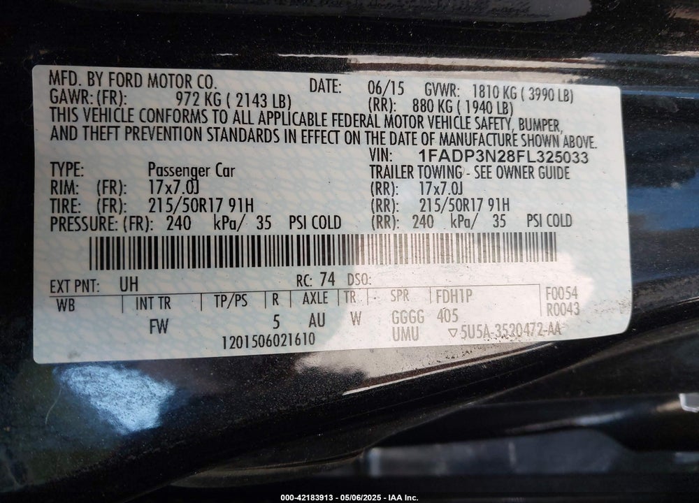 2015 FORD FOCUS VIN: 1FADP3N28FL325033